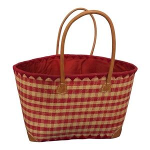Red checkered Madagascar handcrafted structured raffia large straw‎ wicker tote